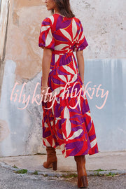 Unique Printed Waist Lace Up Slit Maxi Dress