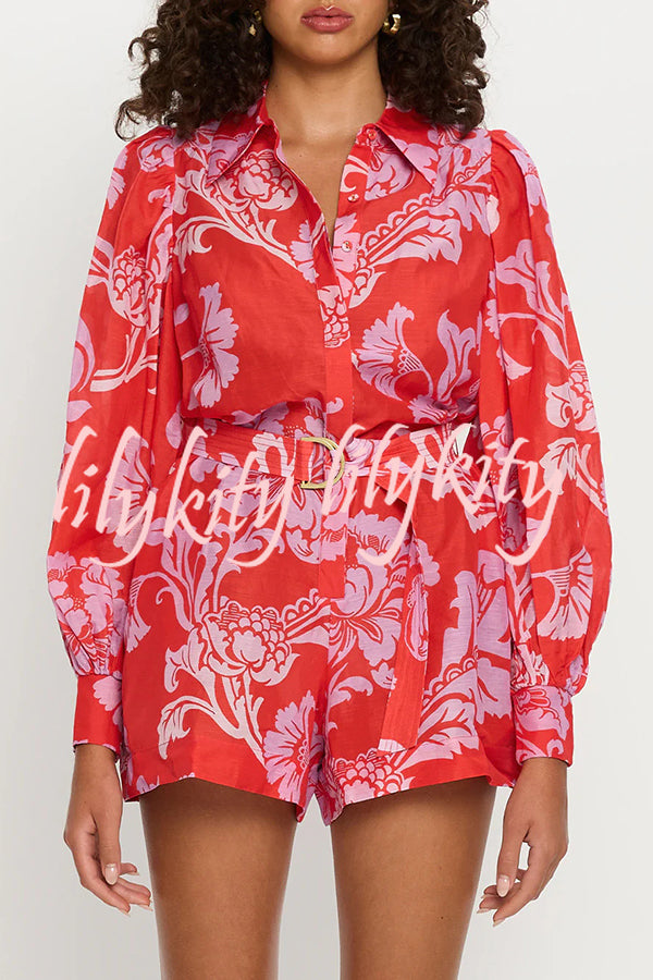 Linen Blend Botanical Print Lapel Puff Sleeve Loose Tie Casual Rompers