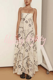 Linen Blend Floral Print Strappy Full-hem Backless Maxi Dress