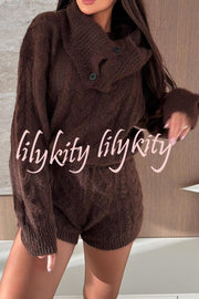 Diviano Cabble Knit Button Scarf Long Sleeve Sweater and Stretch Mini Shorts Set（3 Pieces）