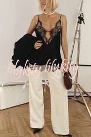 Versatile and Elegant Items Lace Petal Trim Cutout V-neck Slip Loose Tank