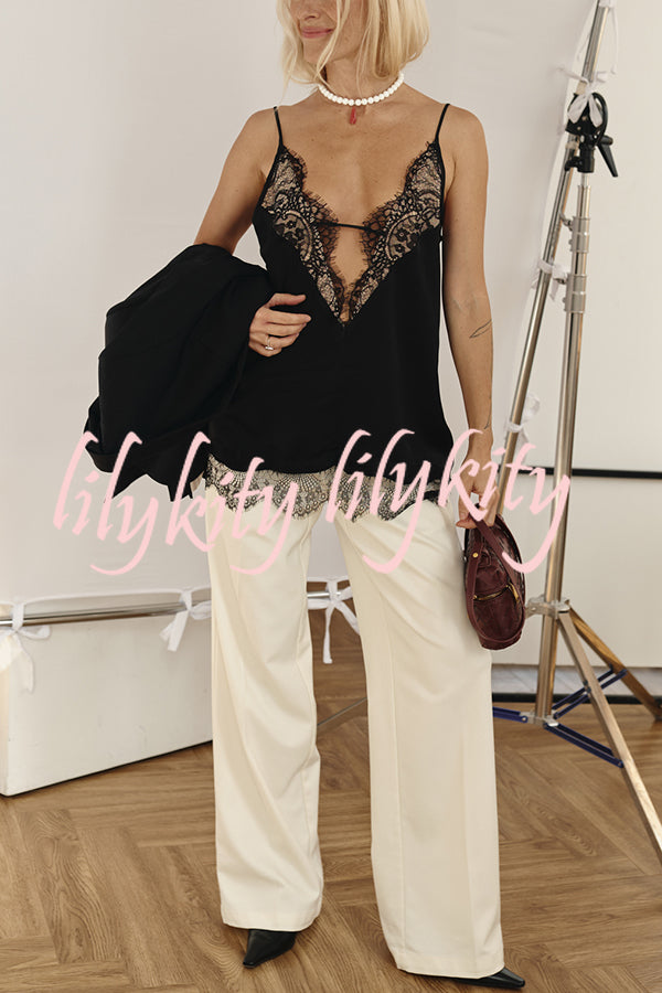 Versatile and Elegant Items Lace Petal Trim Cutout V-neck Slip Loose Tank