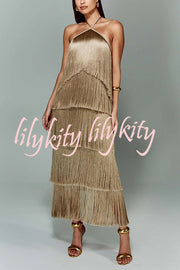 Sexy Halterneck Backless Elegant Fringe Maxi Dress