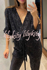 Cheers To You Sequin Long Sleeve Belted Wrap Loose Jumpsuit