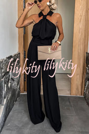 Fashionable Unique Look Halter Shirt Collar Pocketed Wide Leg Jumpsuit