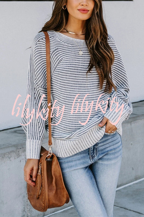 Knitted Striped Round Neck Dolman Sleeve Casual Loose Sweater