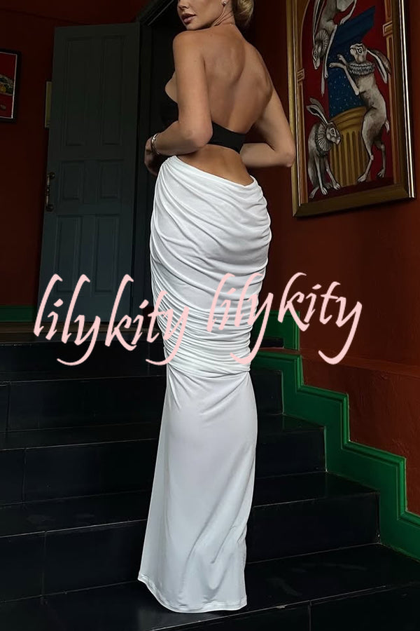 Fashionable Contrast Color Open Back Side Pleated Draped Maxi Dress