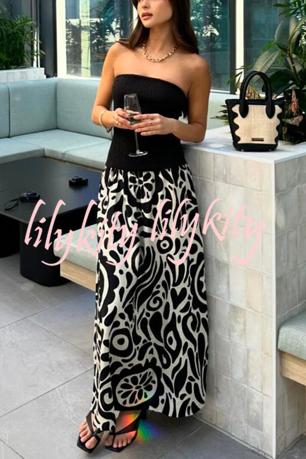 Gina Contrast Color Unique Print Strapless Stretch Maxi Dress