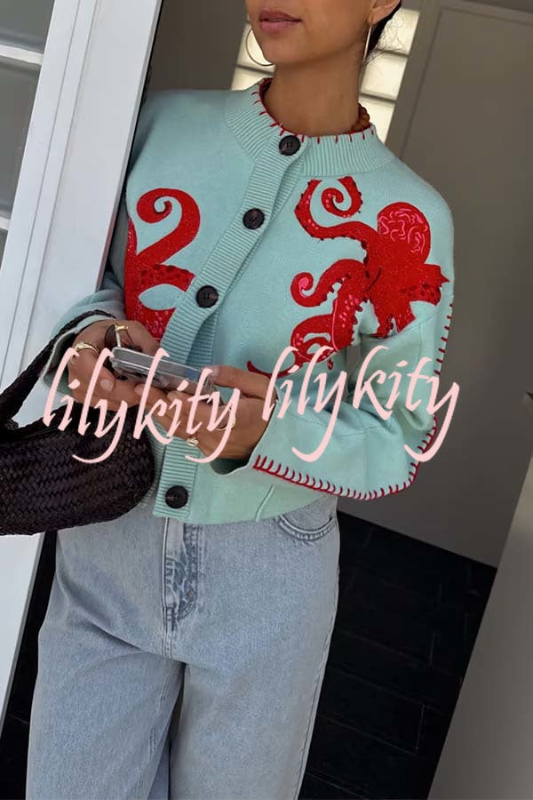 Coastal Fashion Knit Octopus Graphic Contrast Piping Button Up Loose Cardigan