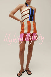 Jeniah Linen Blend Color Block Print Cross Halter Tie-up Loose Mini Dress
