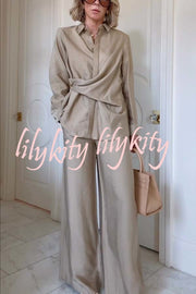 Juliette Cross-front Button Up Long Sleeve Shirt and Elastic Waist Pocket Loose Pants Set