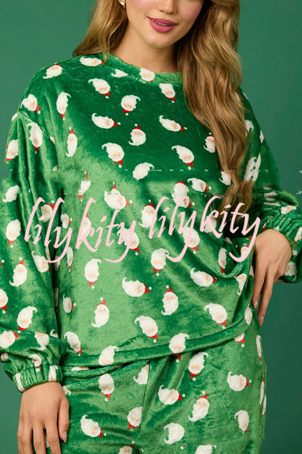 Christmas Printed Crew Neck Long Sleeve Top and Elastic Waist Loose Pants Set