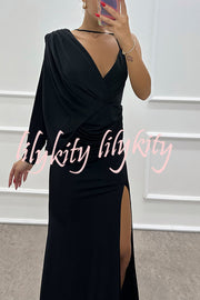 Like Venus One Shoulder Bat Sleeve Ruched Detail Slit Gown Maxi Dress