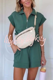 Buttery Touch Half-Zip Short Sleeve Sweatshirt and Elastic Waist Pocket Casual Shorts Set