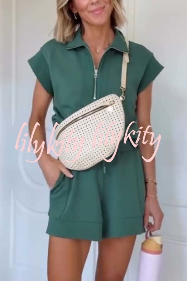 Buttery Touch Half-Zip Short Sleeve Sweatshirt and Elastic Waist Pocket Casual Shorts Set