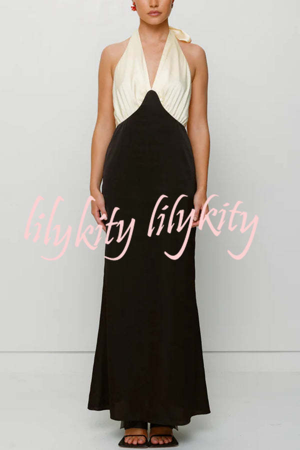 Like A Gem Satin Colorblock Halter Backless Party Maxi Dress