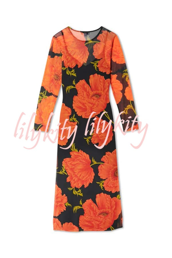 Perfect Cross-season Mesh Poppy Flower Print Long Sleeve Stretch Maxi Dress