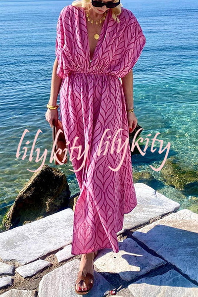 Shells By The Coast Printed Drawstring Design Kimono Beach Maxi Dress