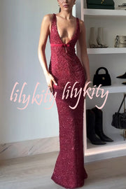 Festival Shines Sequin Beaded Mesh Bow Cutout Detail Slit Maxi Dress