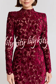 Diane Velvet Embroidered Floral Lace Long Sleeve Belt Scallop Edge Midi Dress