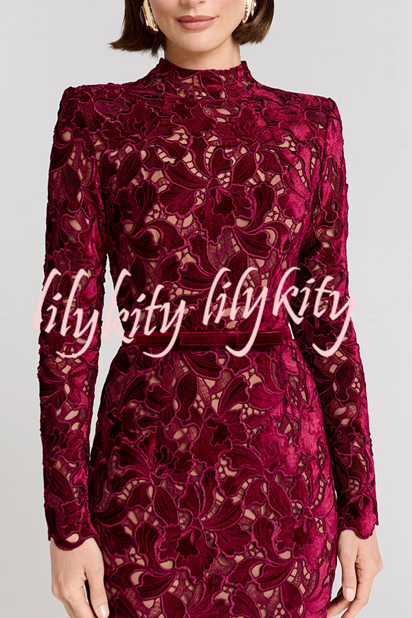 Diane Velvet Embroidered Floral Lace Long Sleeve Belt Scallop Edge Midi Dress