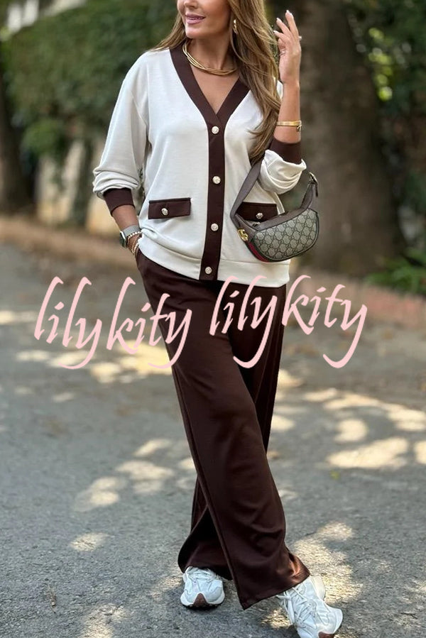 Stylish Color-blocked V-neck Knitted Button-down Cardigan and Elastic Waist Casual Wide-leg Pants Set