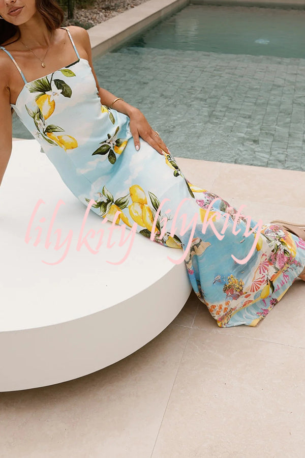 Summer Lemon Print Elegant Suspender Back Lace Up Maxi Dress