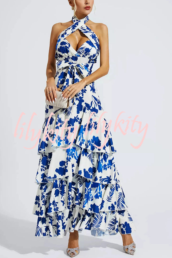 Gorgeous Styling Botanical Print Halter Neck Open Back Tiered Hem Maxi Dress