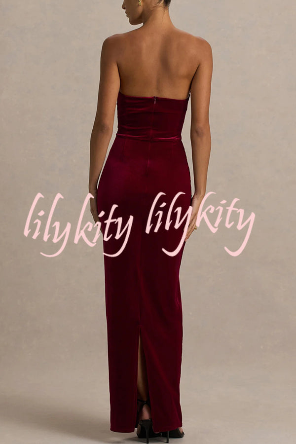 Illusion Velvet Bandeau neck Bow detail Stretch Maxi Dress