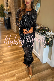 Sexy Long Sleeve Round Neck Feather Edge Rhinestone Decoration Slim Fit Maxi Dress