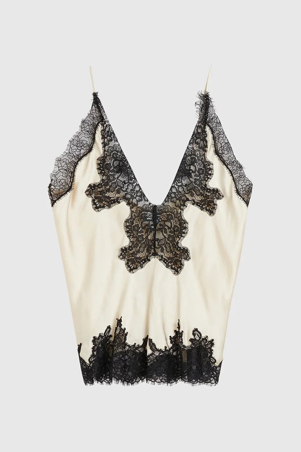 Party Focus Contrast Color Satin Lace Trim V-Neck Slip Tank