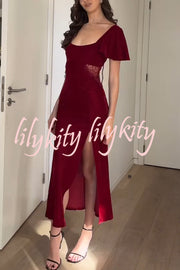 Yumi Velvet Lace Patchwork Bell Sleeve Back Lace-up Slit Midi Dress