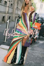 Stylish Multi-colored Long-sleeved Slim-fit Slit Maxi Dress