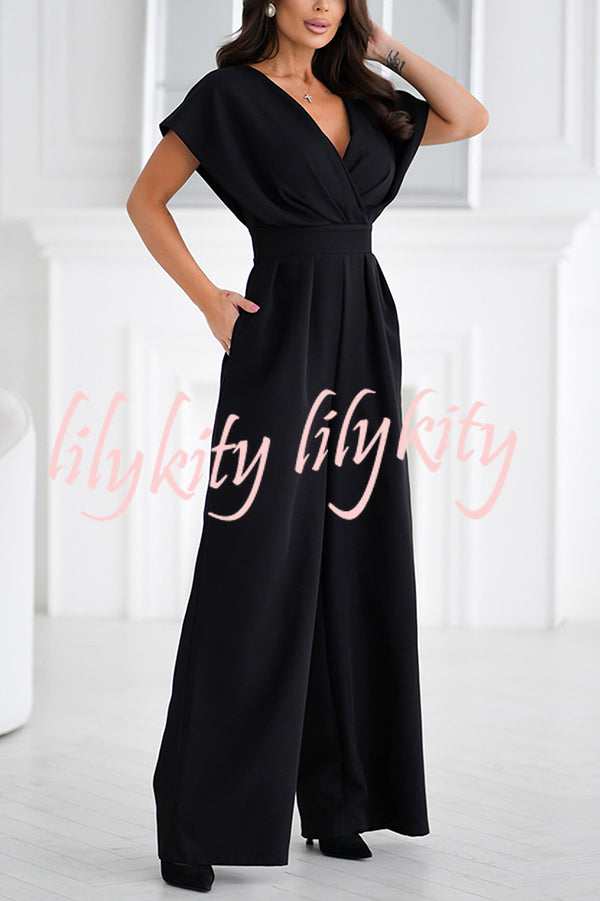 Solid Color V-neck Waist Casual Wide-leg Jumpsuit