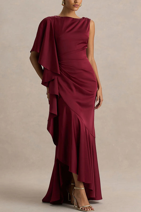 Freya Satin Boat Neck Waterfall Frill Sleeve Drape Maxi Dress