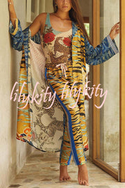 Tropical Jungle Tiger Unique Print  Long Sleeve Belt Pocketed Kimono Coat