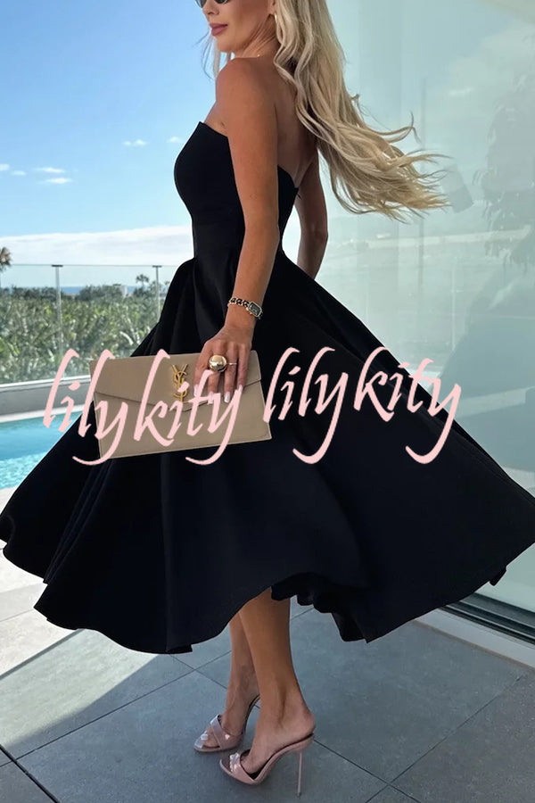 Sweet Cascade Solid Color Off Shoulder Pocket Full Hem Midi Dress