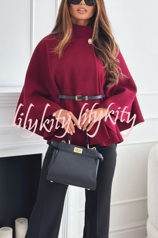 Elegant Moment Woolen Button Turtleneck Belted Oversized Cape