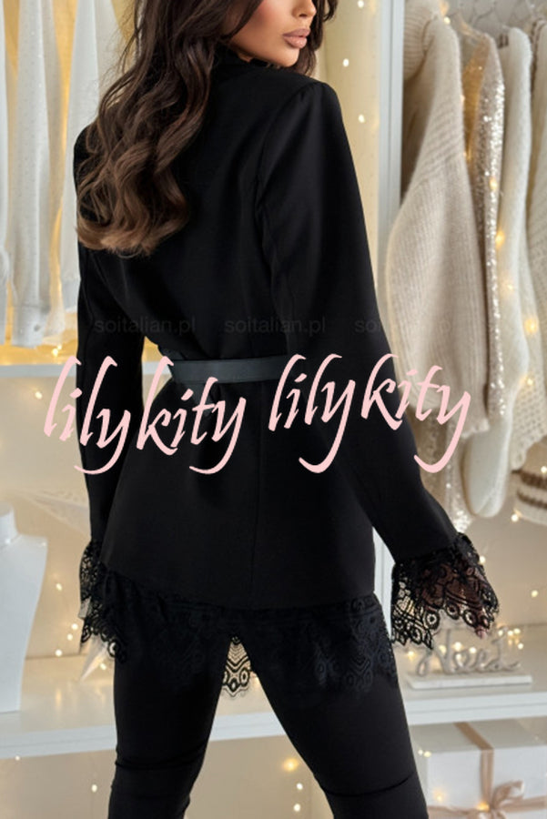 Spiced Muse Lace Trim Button Up Long Sleeve Lapel Blazer