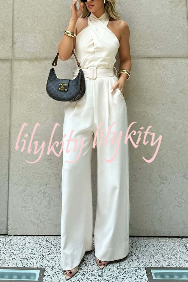 Solid Color Halterneck Sleeveless Waisted Casual Pocket Straight Jumpsuit