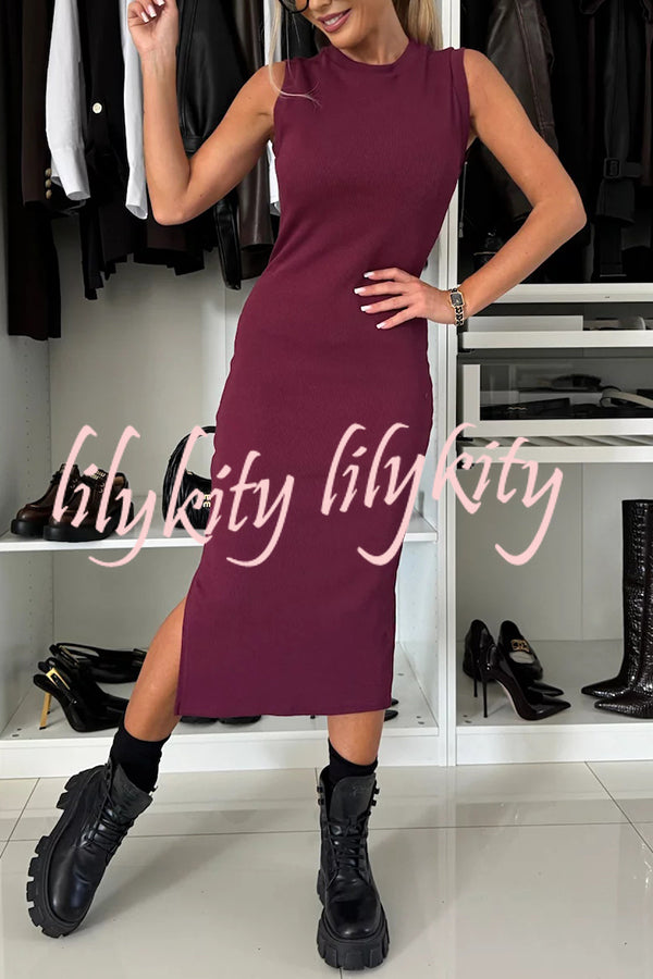 Lifestyle Wide Neck Relaxed Sweatshirt and Ribbed Tank Stretch Midi Dress Set