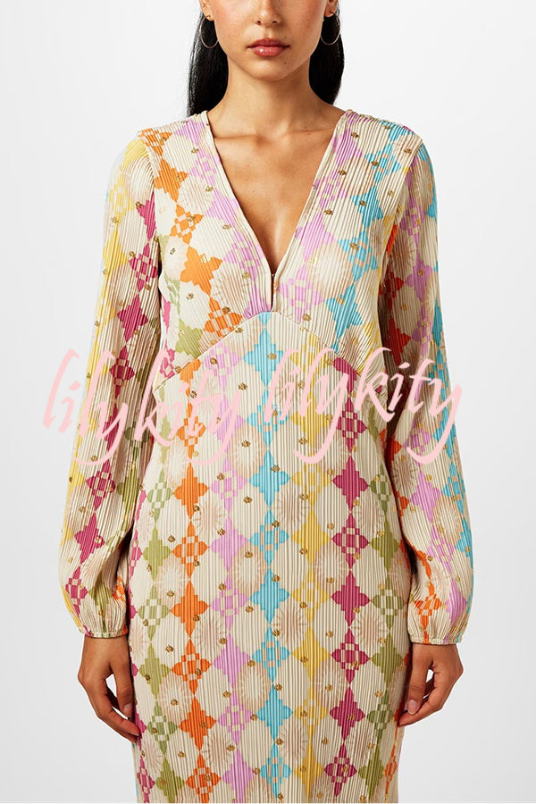 Gorgeous Sunshine Colorful Unique Print Kimono Puff Sleeve Midi Dress