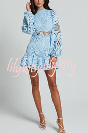 Solid Color Hollow Long-sleeved Waisted Lace Mini Dress