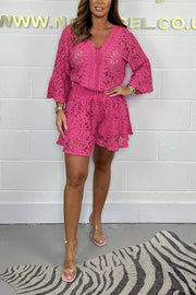 Emilee Lace Tie Neck Bell Sleeve Top and Elastic Waist Loose Shorts Set