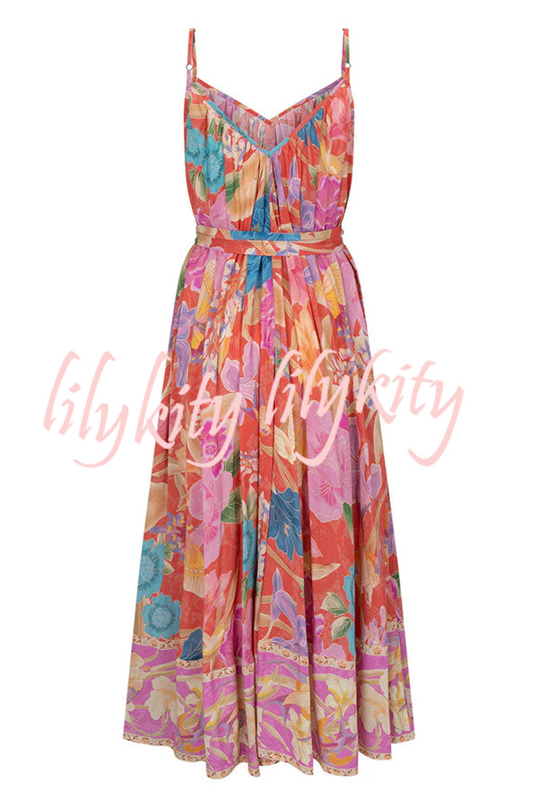 Painter's Garden Boho Floral Print Strappy A-line Maxi Dress