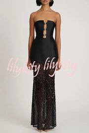 Nerissa Satin cutout metal ball Patchwork sequin hem strapless maxi dress