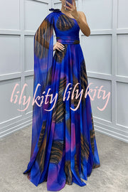 Lucia Unique Print Floral Detail One Shoulder Draped Sleeve Gown Maxi Dress