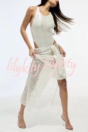 Fashion Sequin Sleeveless Fitted Rompers and Holiday Slit Maxi Skirt Set