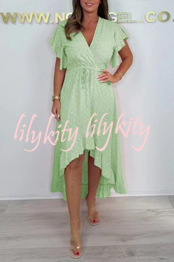 Resort Style V-neck Ruffle Sleeves Waist Tie Irregular Midi Dress
