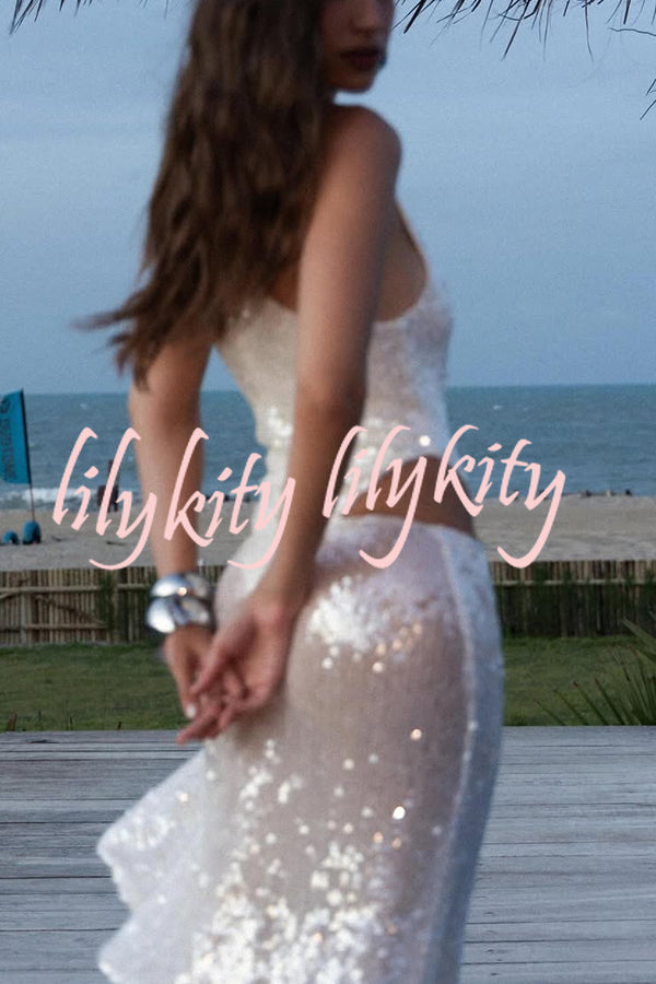 Fashion Sequin Sleeveless Fitted Rompers and Holiday Slit Maxi Skirt Set